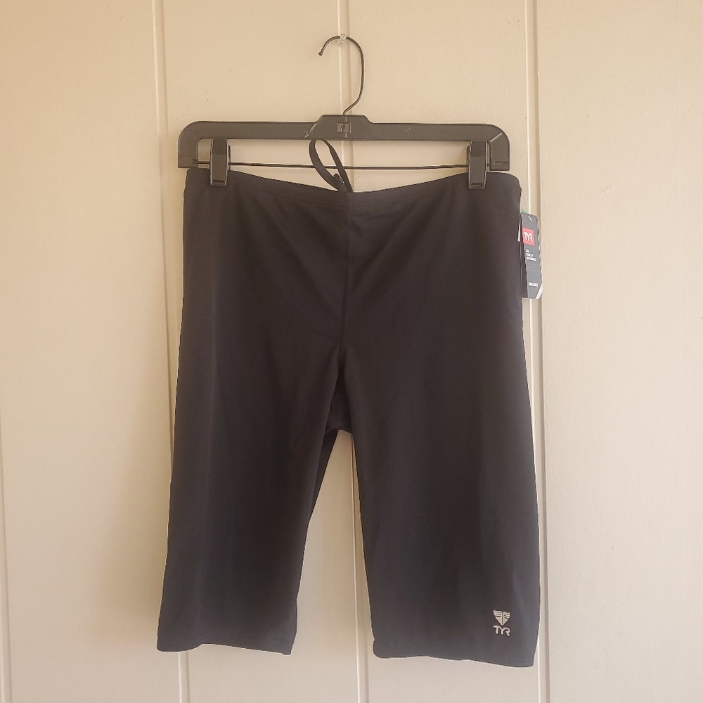 TYR Durafast Solid Jammer Swimsuit Size 36 (New) Black Stretch Drawstrin…